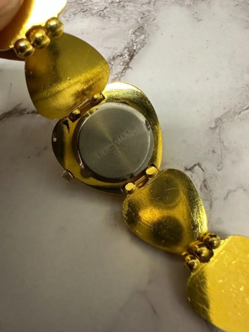 Vintage Heart Watch Women Gold Tone White Dial Chunky Statement 6.75